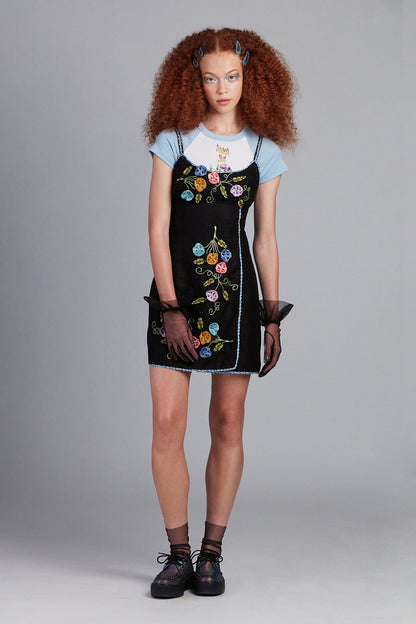 3-D Pansy Embroidered on Linen Dress, can be wear above a tee, baby blue hem on the flap left side