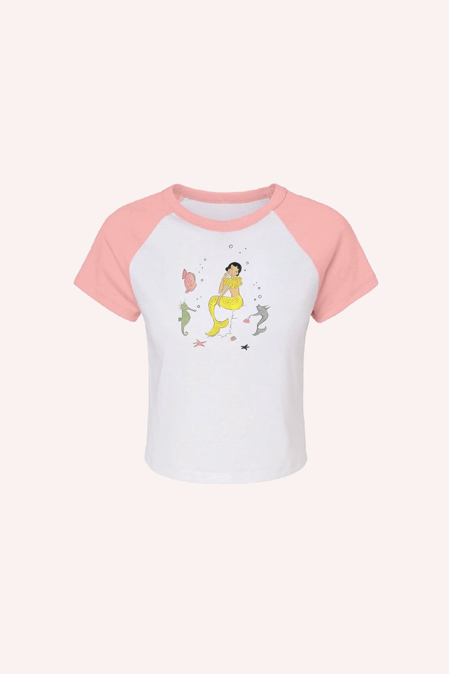 White Mermaid Raglan Baby Tee, Pink short sleeves, above hips, yellow mermaid & ocean design