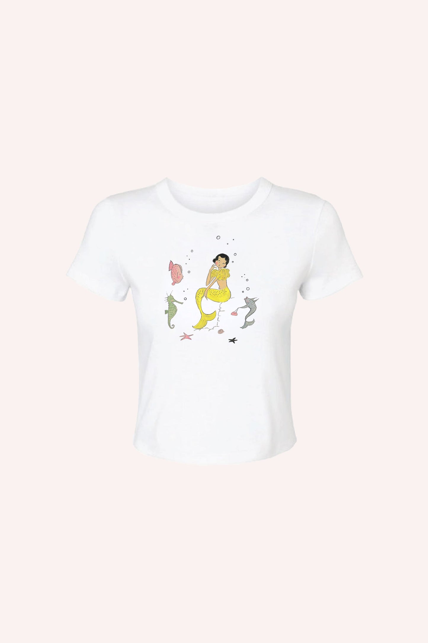 Mermaid Baby Tee White, short sleeves, above hips, yellow mermaid & ocean design