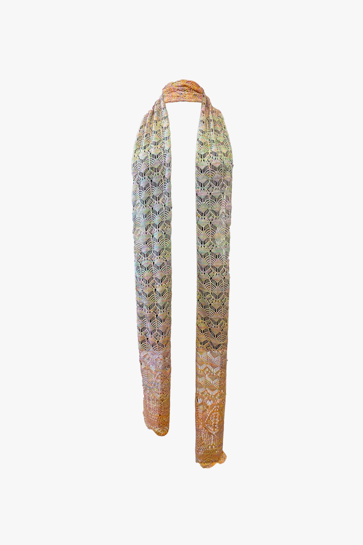 Long, thin scarf gradient crochet scarf on a white background.