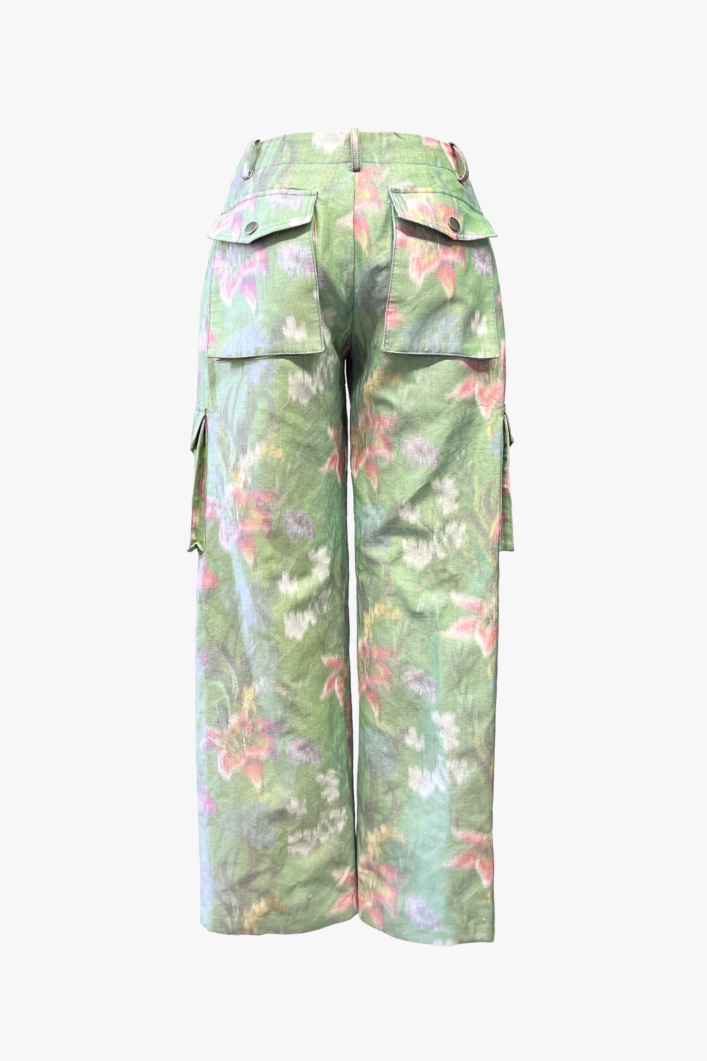 Green Cargo Pants with pink floral design, 2-patch pocket with flap & snap button on the back