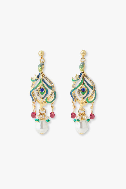 Peacock Feather shape, multi-stoned enamel earrings, drop pearl bead, overall green/gold