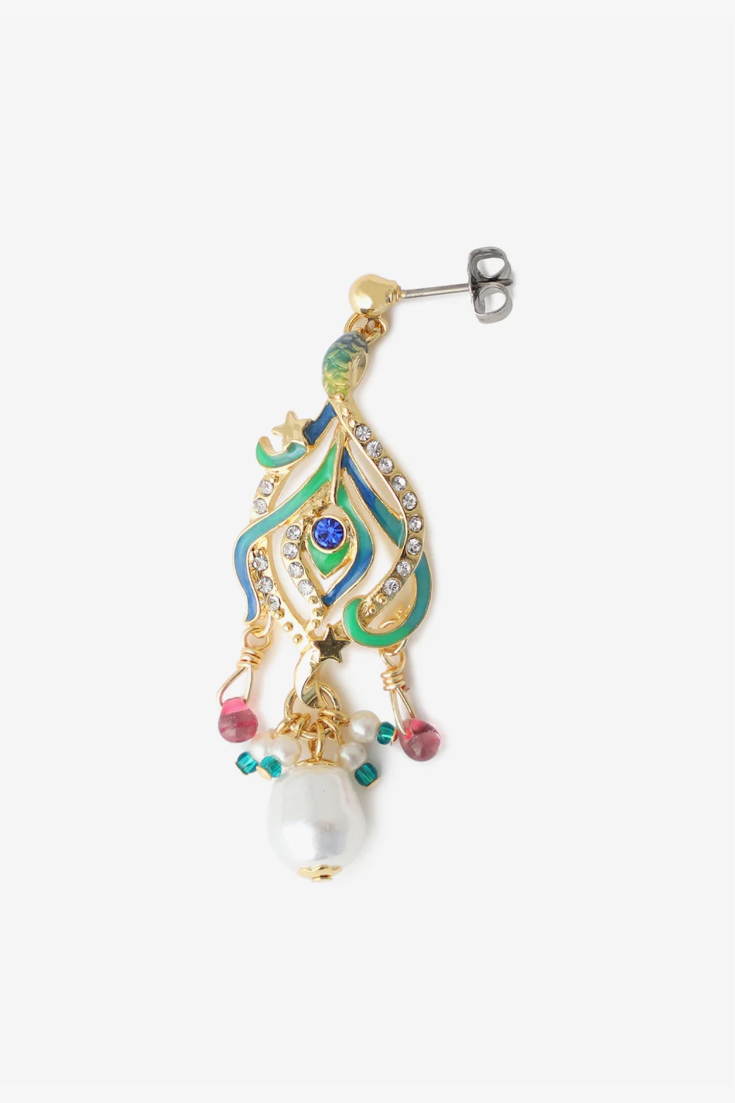 Multi-stoned and enamel earrings with drop pearl bead, elegant Peacock Feather Earrings, green/gold, Earring Backs to lock