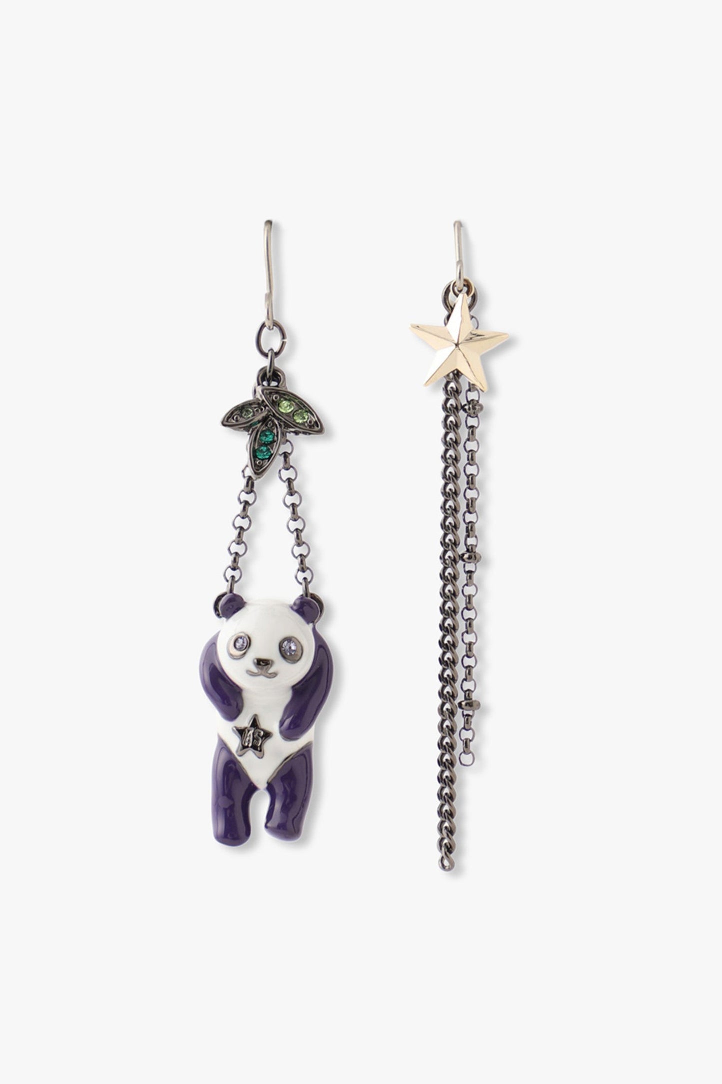 Panda and Drop Chain Earrings, a white/purple panda, and a Gunmetal 2-chain with a golden star 