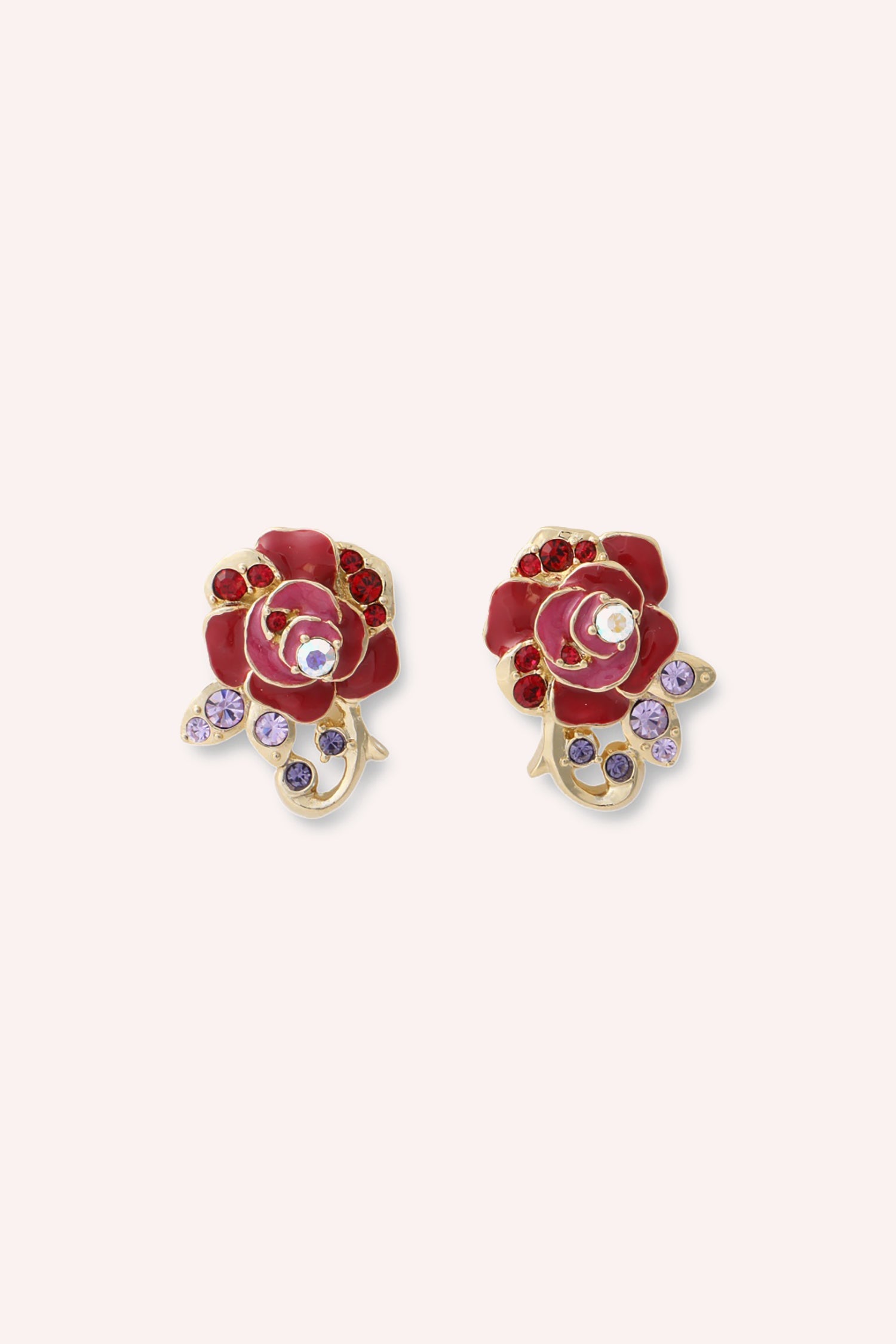 Rose Stud Earrings, Magenta Rose Earrings, Embellished with Gems and Gold floral Details
