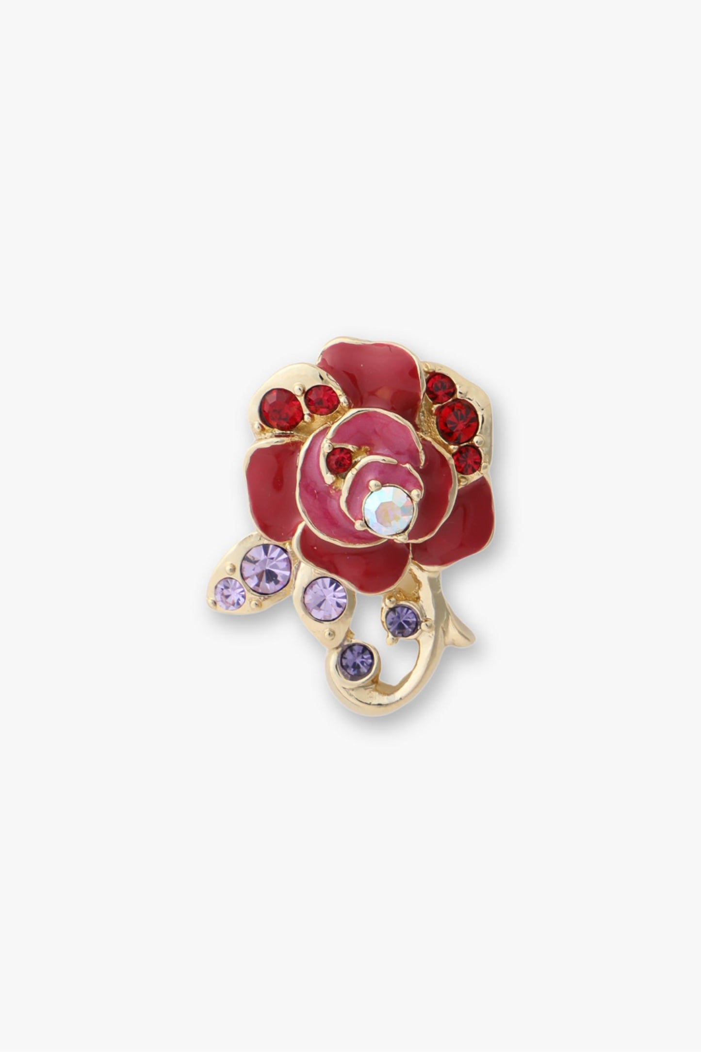 Rose Stud Earrings, Magenta, red Gems on top, white on the rose center, purple on gold and Gold floral Details