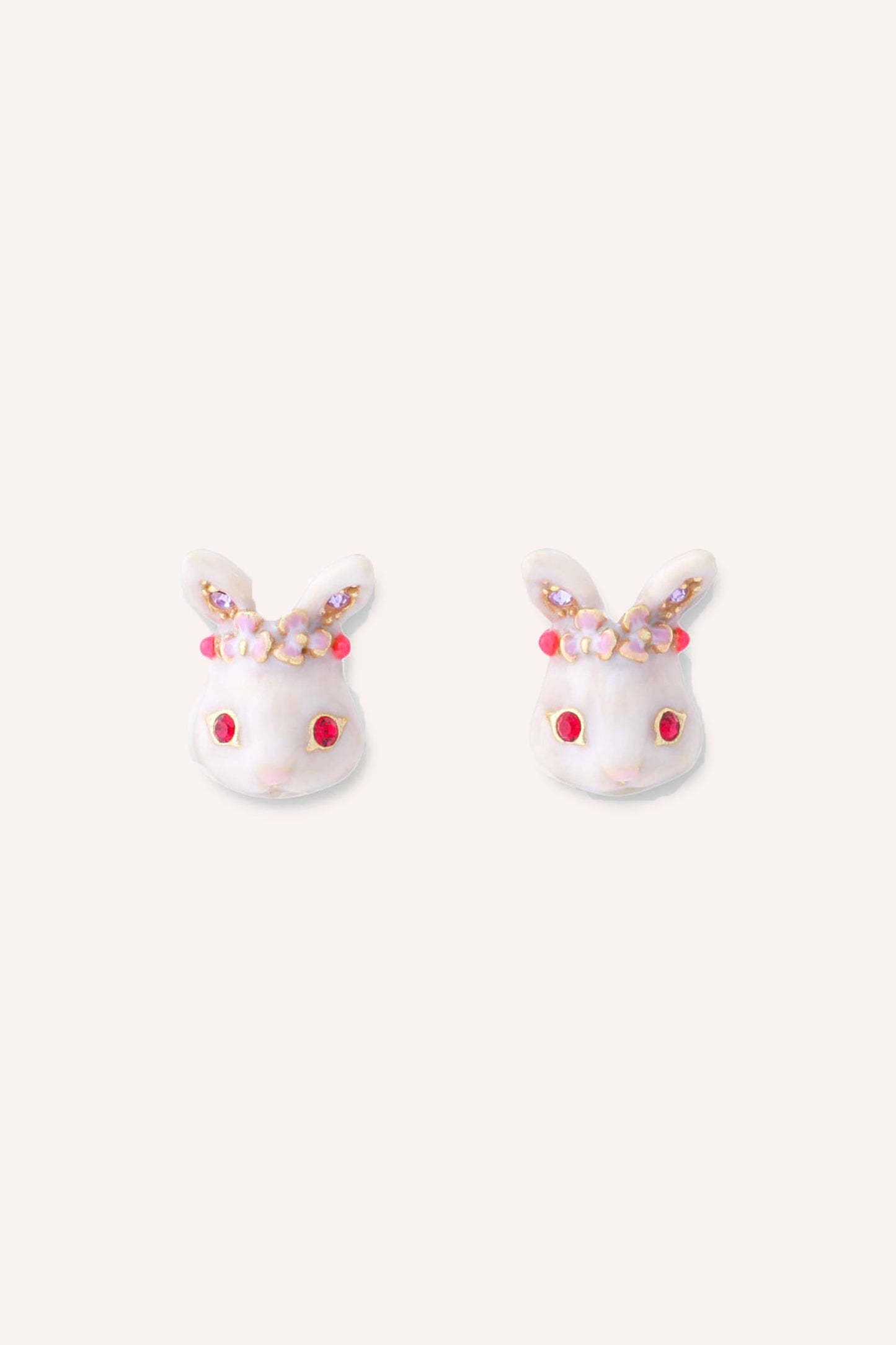 Rabbit Stud Earrings, white enamel rabbit charm with red eye gems, purple ear gems, and red crown.