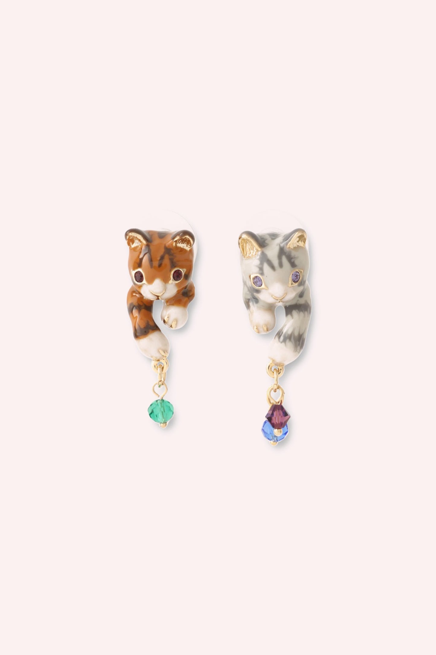 Mismatched Cat Charm Earrings, grey, and brown playful cat with hanging gem green, red blue