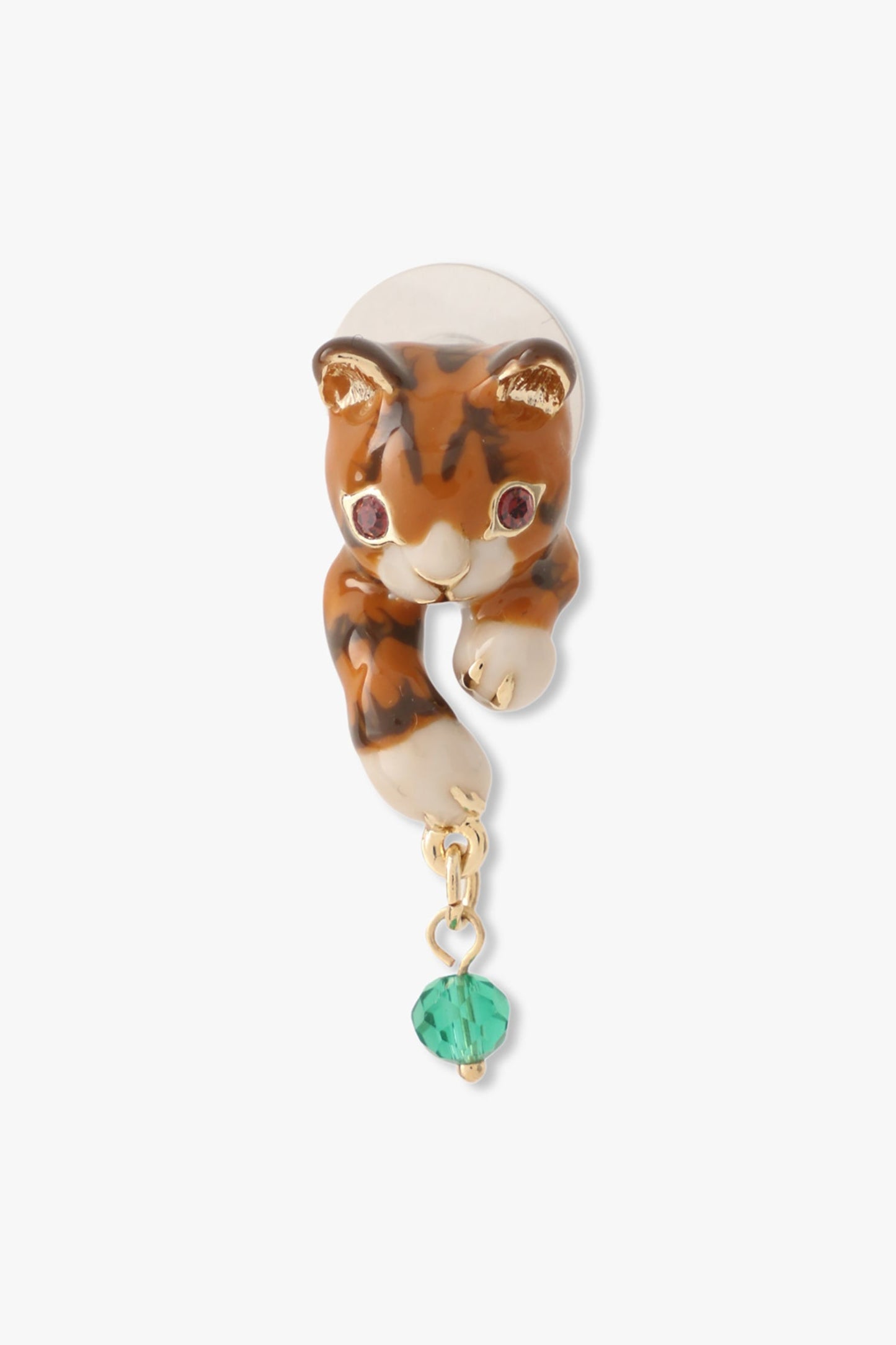 Mismatched Cat Charm Earrings, adorable, brown and playful cat with green hanging gem 