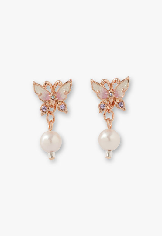 Butterfly Pearl Stud Earrings-Rose Gold