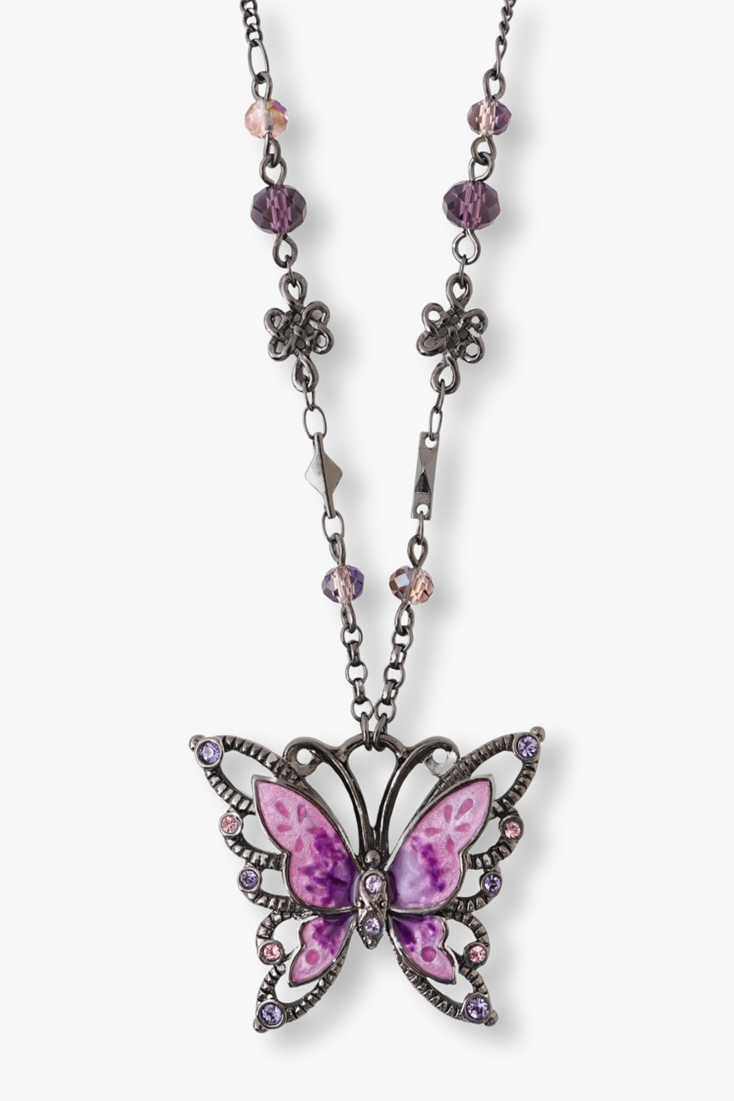 Pendant Necklace, 2-butterflies one on top of the other, full purple and hollow in gunmetal/gemstones
