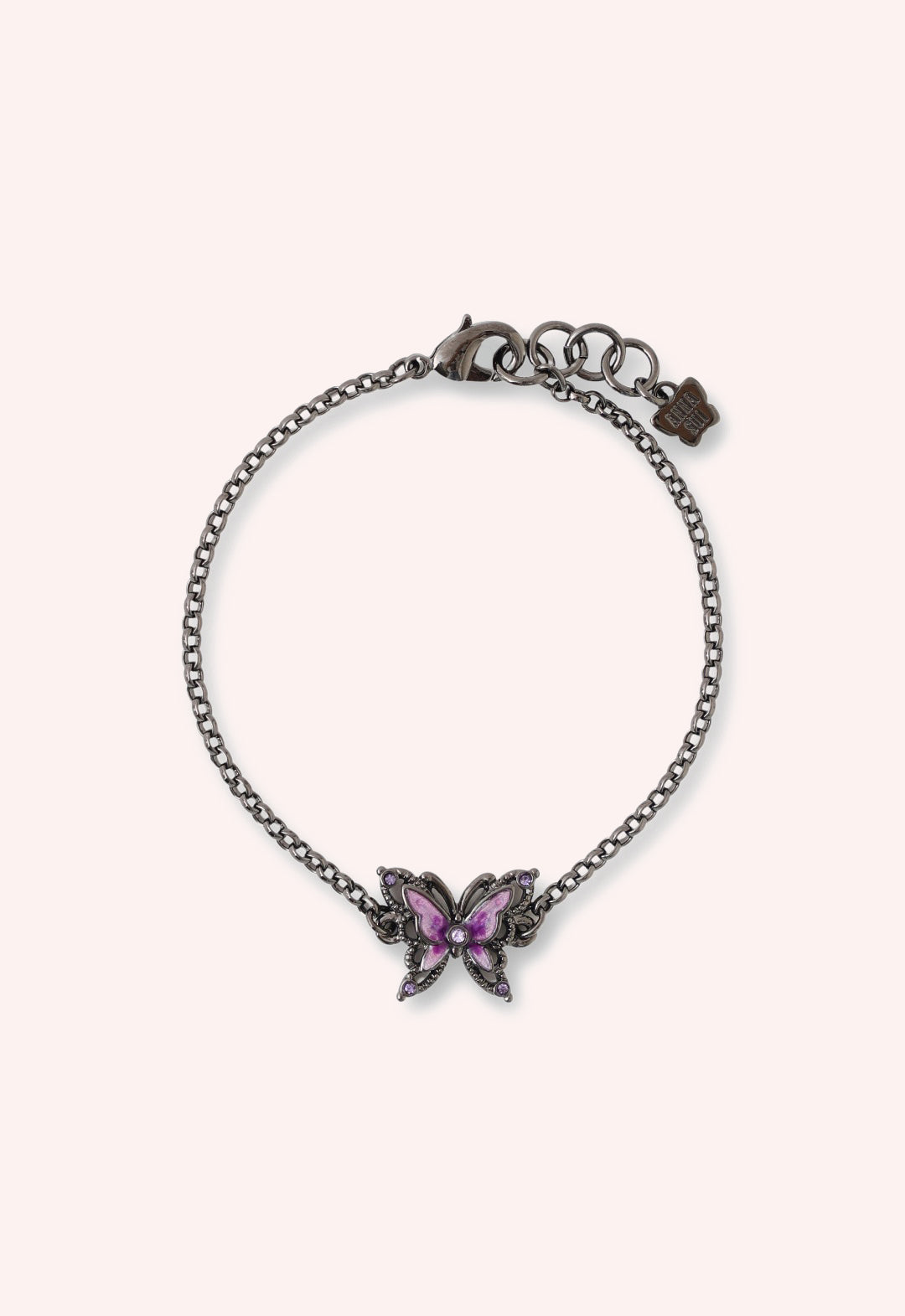 Butterfly Bracelet, large links, purple Butterfly Gunmetal with gemstone, lobster claw clasp 