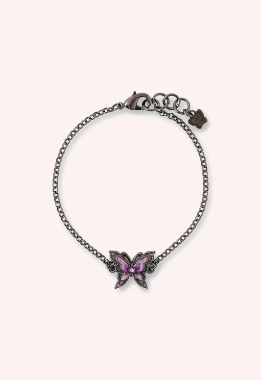 Butterfly Bracelet, large links, purple Butterfly Gunmetal with gemstone, lobster claw clasp 