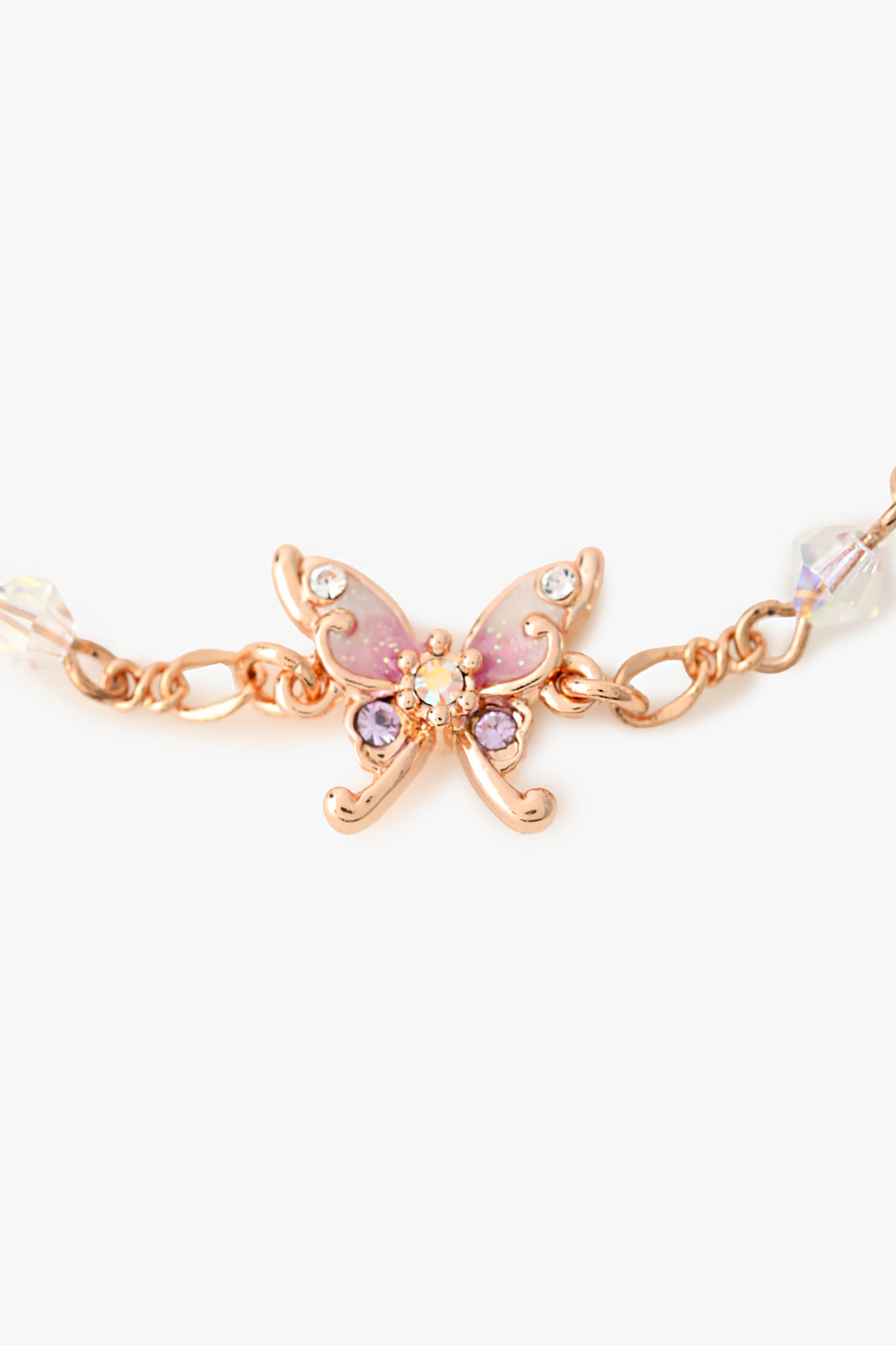 Bracelet, rose gold Toned Embellished with Purple Gems, and a Purple Butterfly Charm, large links
