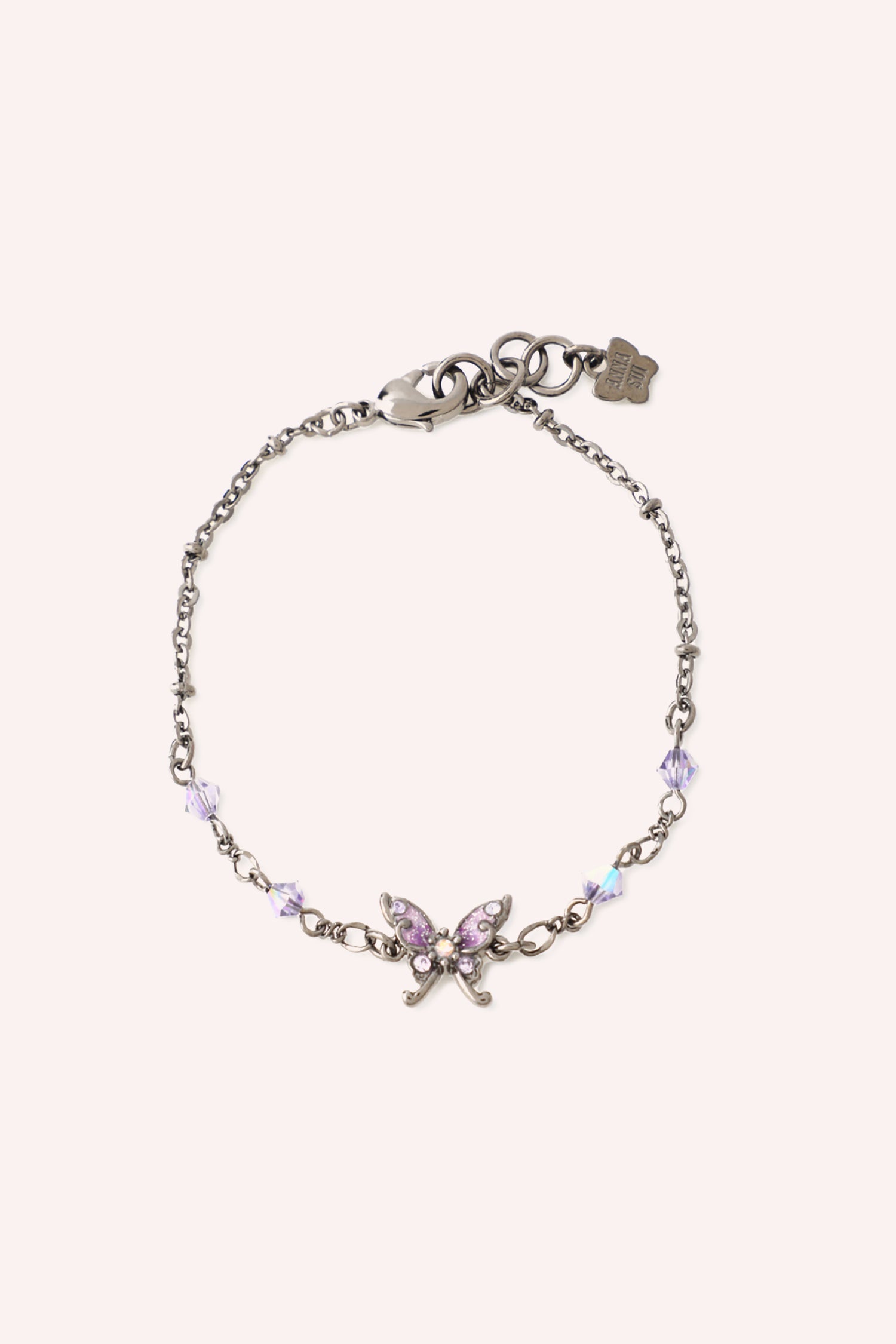 Butterfly Bracelet, Black Toned Bracelet Embellished with Purple Gems and a Purple Butterfly Charm