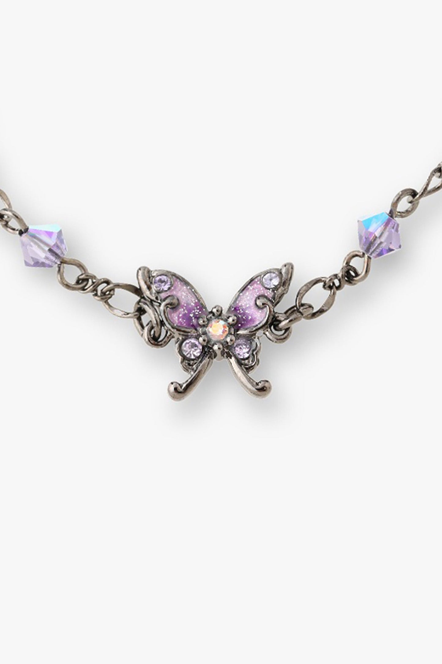 Black Toned Bracelet Embellished with Purple Gems, and a Purple Butterfly Charm, large links