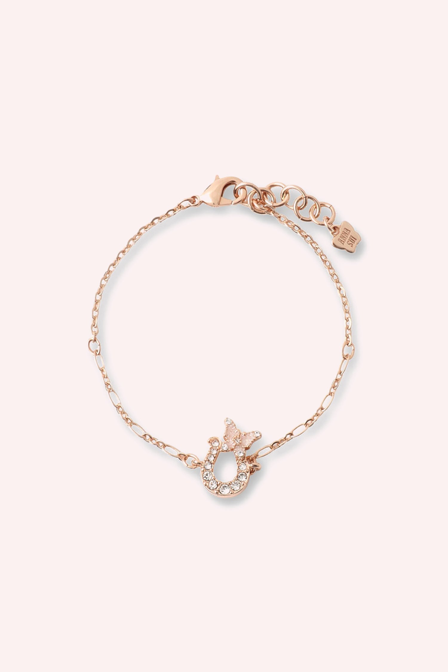 Rose Gold Bracelet with a horseshoe a butterfly on top, Adorned with Gems