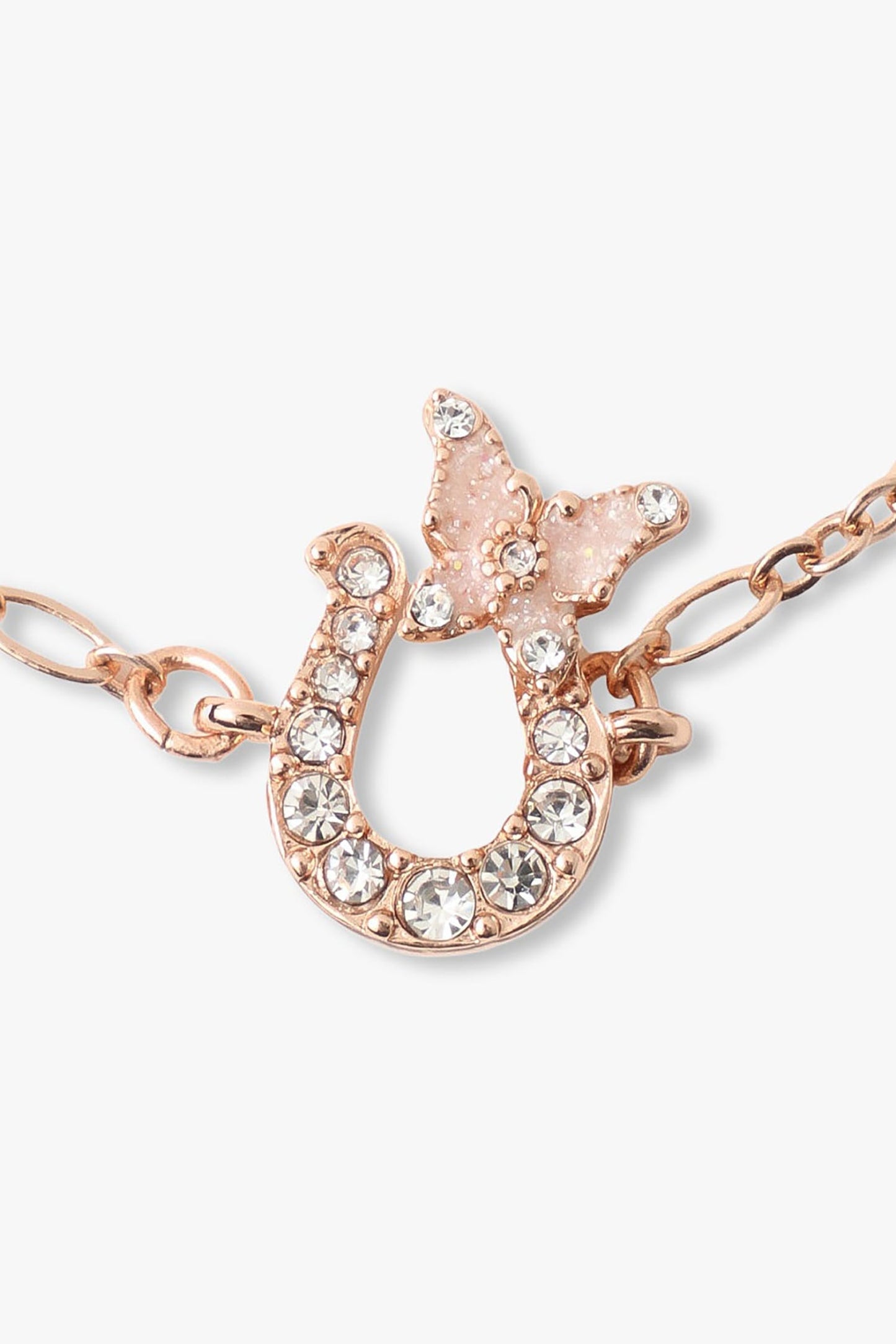 Rose Gold horseshoe Embellished with Gems, a pink butterfly on top left