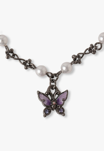 Mystical Purple Butterfly and Pearl Bracelet in Gunmetal