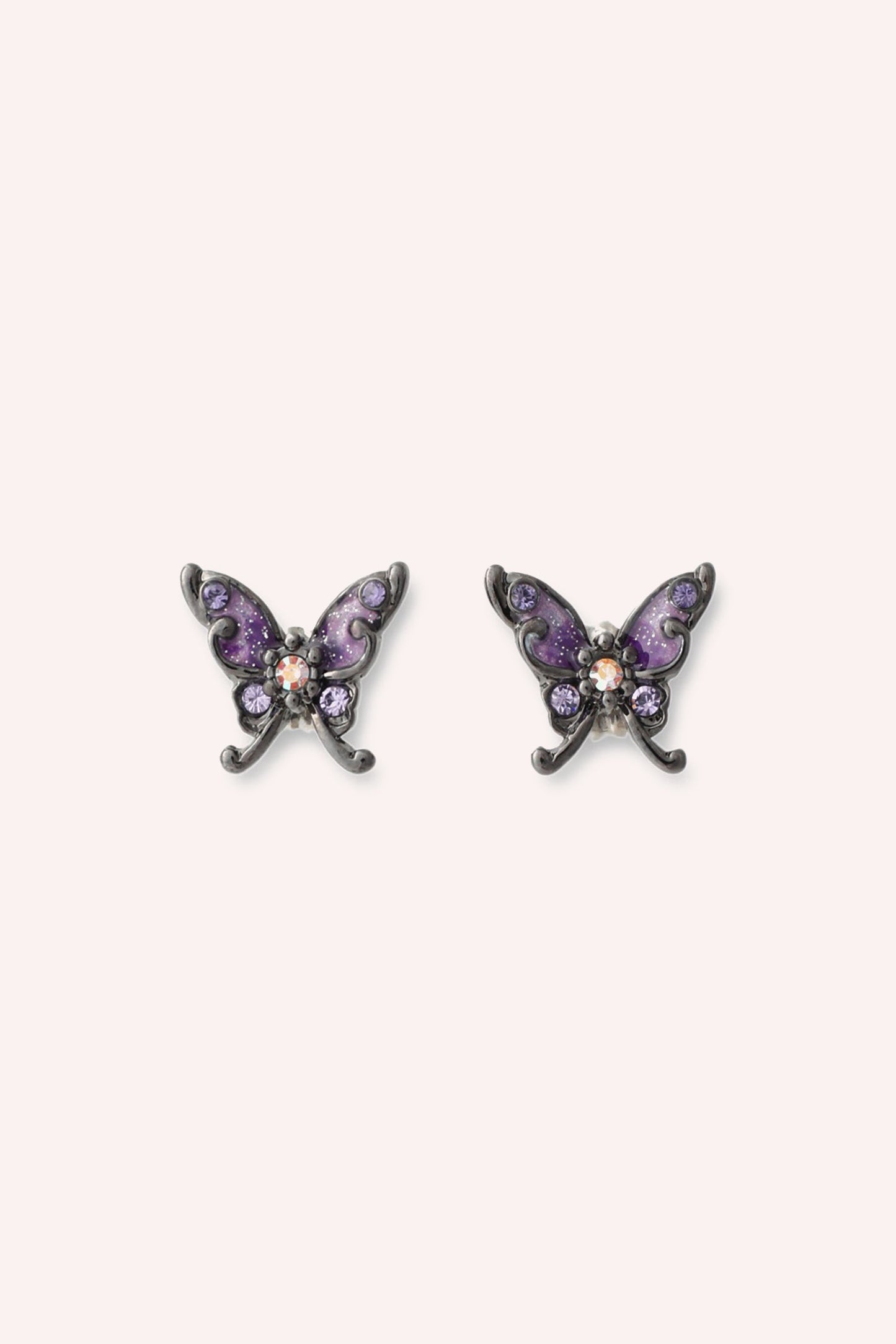 Butterfly Stud Earrings Black Toned and Purple Butterfly Stud Earrings Embellished with Gems
