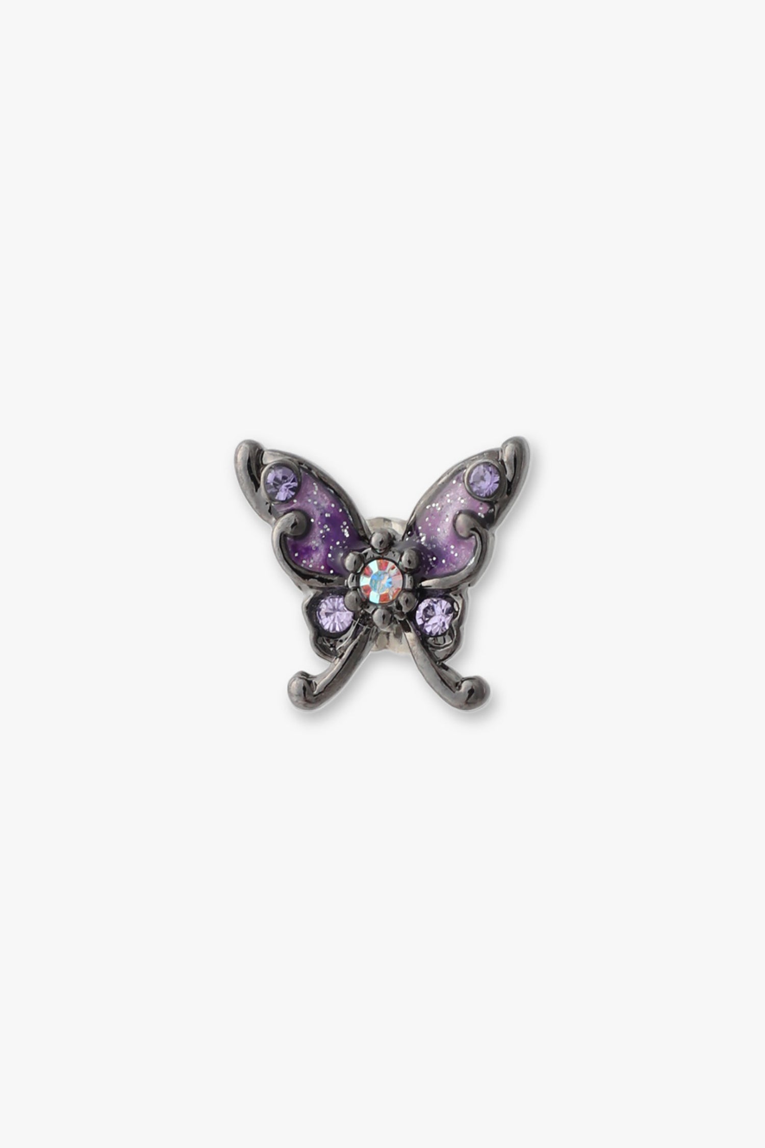 Butterfly Earrings Black rounded borders, Purple Butterfly with Gems, large round gem at center