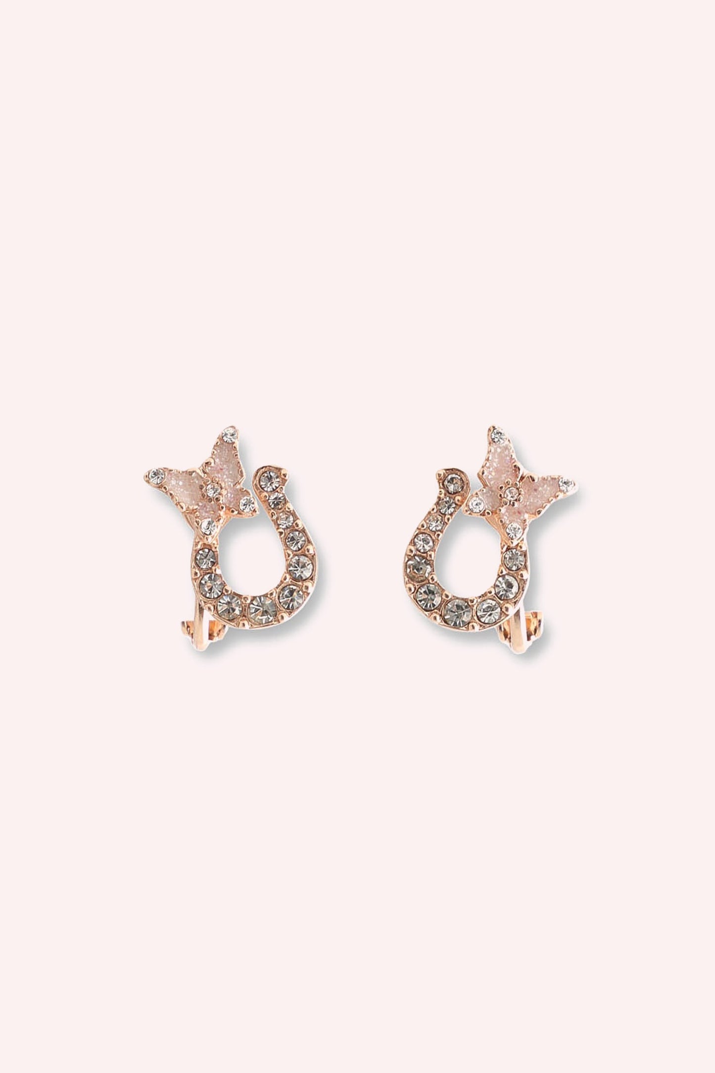 Golden horseshoe Earrings with a butterfly on top, Adorned with Gems