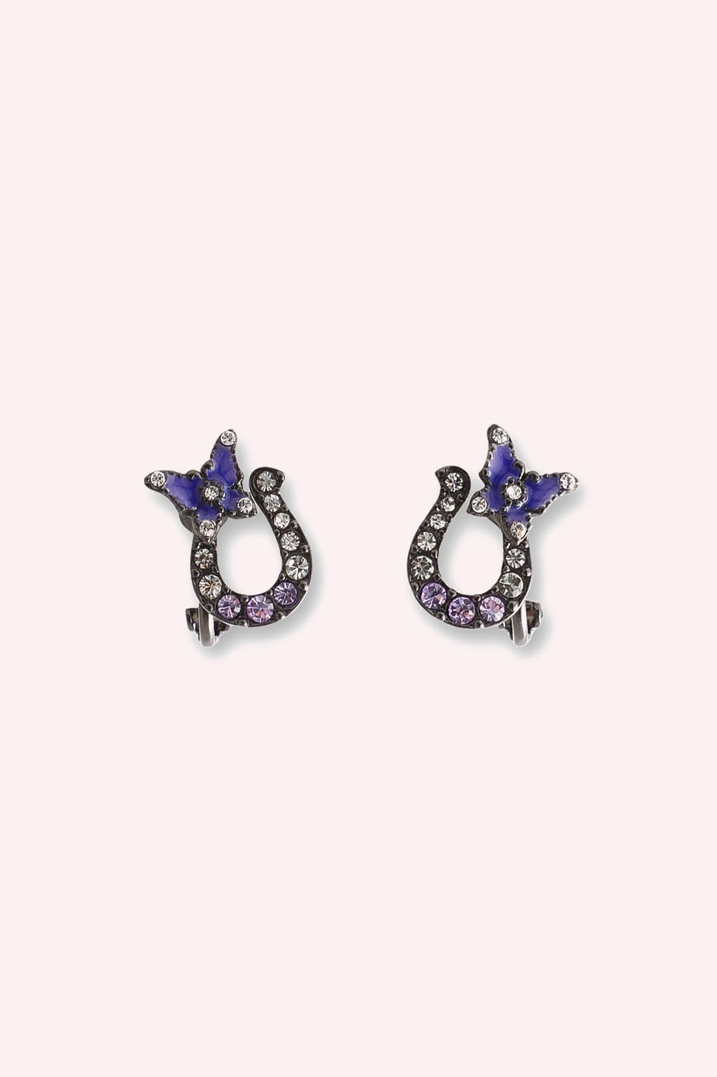 Gunmetal horseshoe Earrings with a butterfly on top, Adorned with Gems