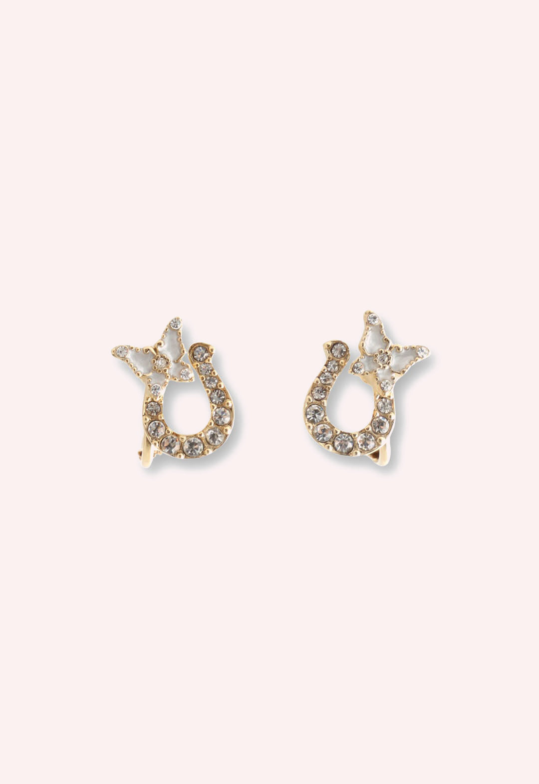 Gold horseshoe Earrings with a butterfly on top, Adorned with Gems