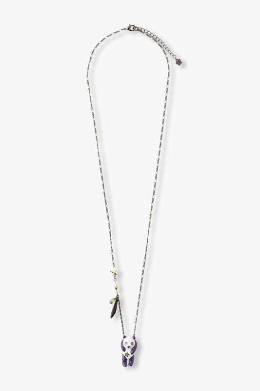 Panda Necklace, long gunmetal necklace with white/purple panda embellished and gems