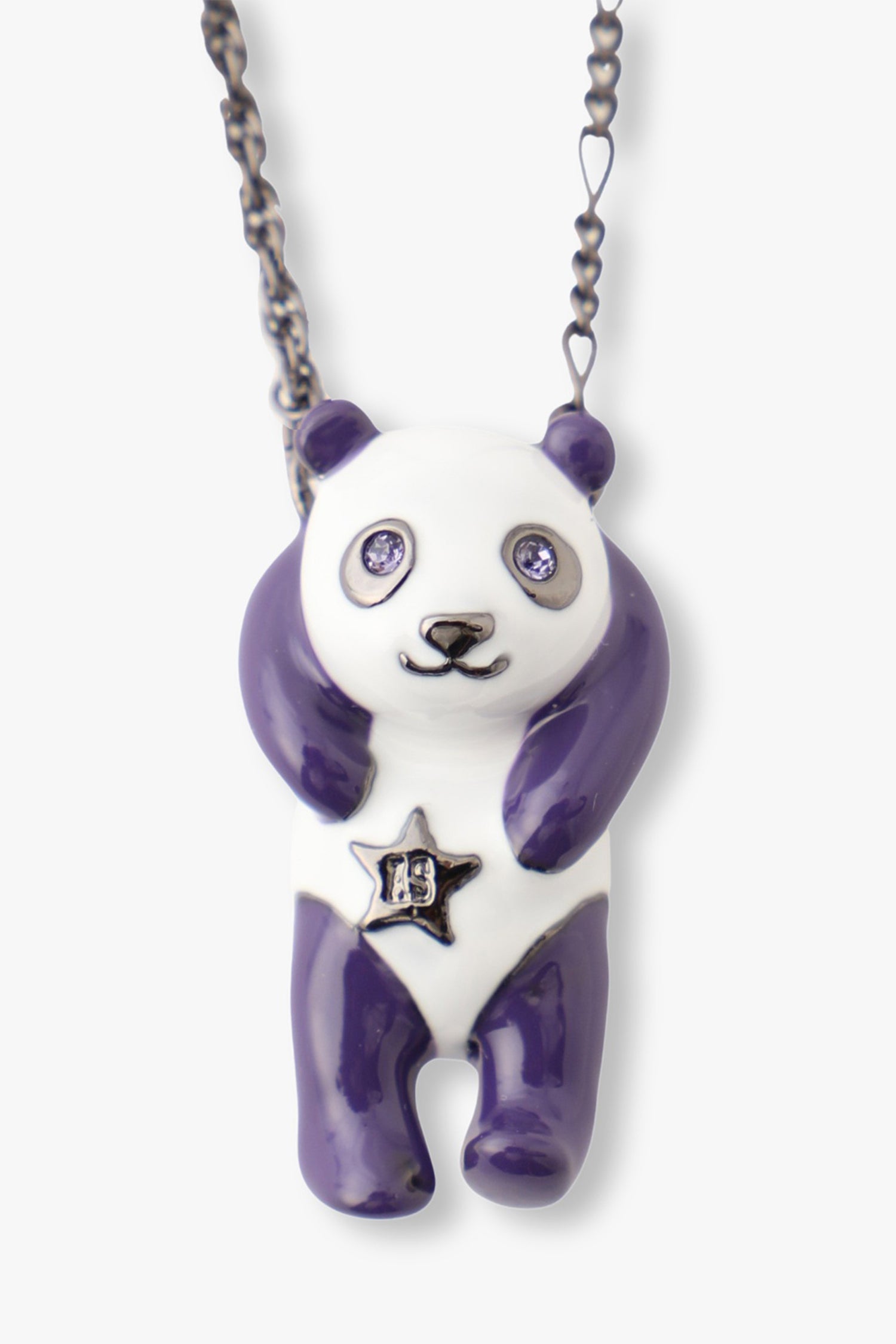 Panda is white on head and body, purple arms legs and ears, eyes with gems, star with AS on body
