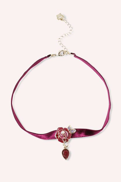 Velvet magenta choker, Magenta Rose, Light Purple Gems and Red Sparkle Tear Drop Gem