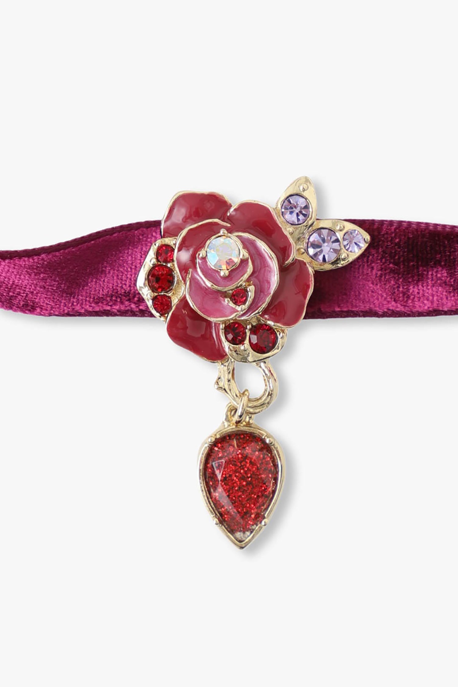 Magenta Rose, Light Purple Gems and Red Sparkle Tear Drop Gem underneath, golden highlight
