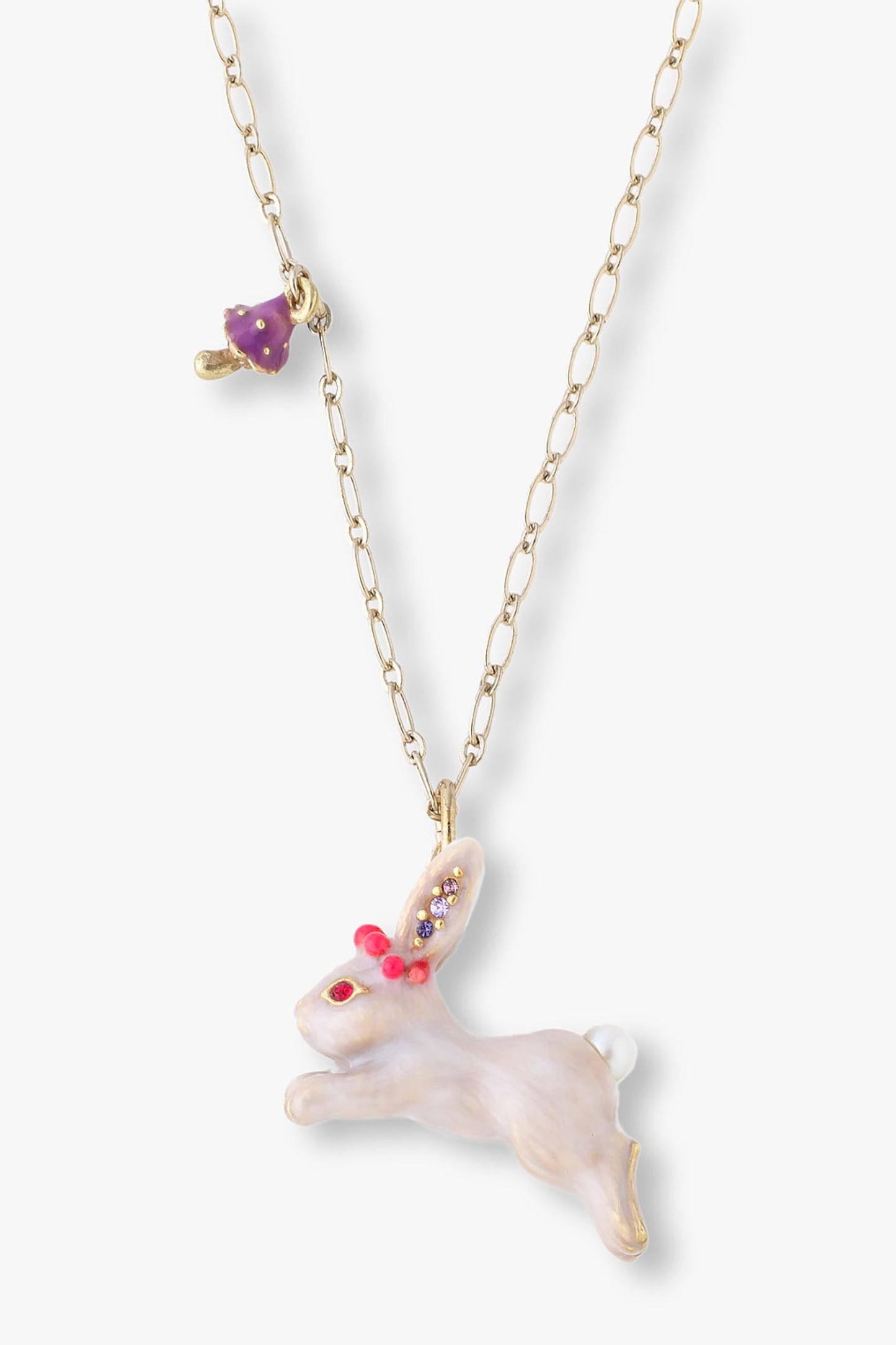 Necklace, Golden chain, small gold/purple mushroom, white rabbit, red eye and crown, purple ear