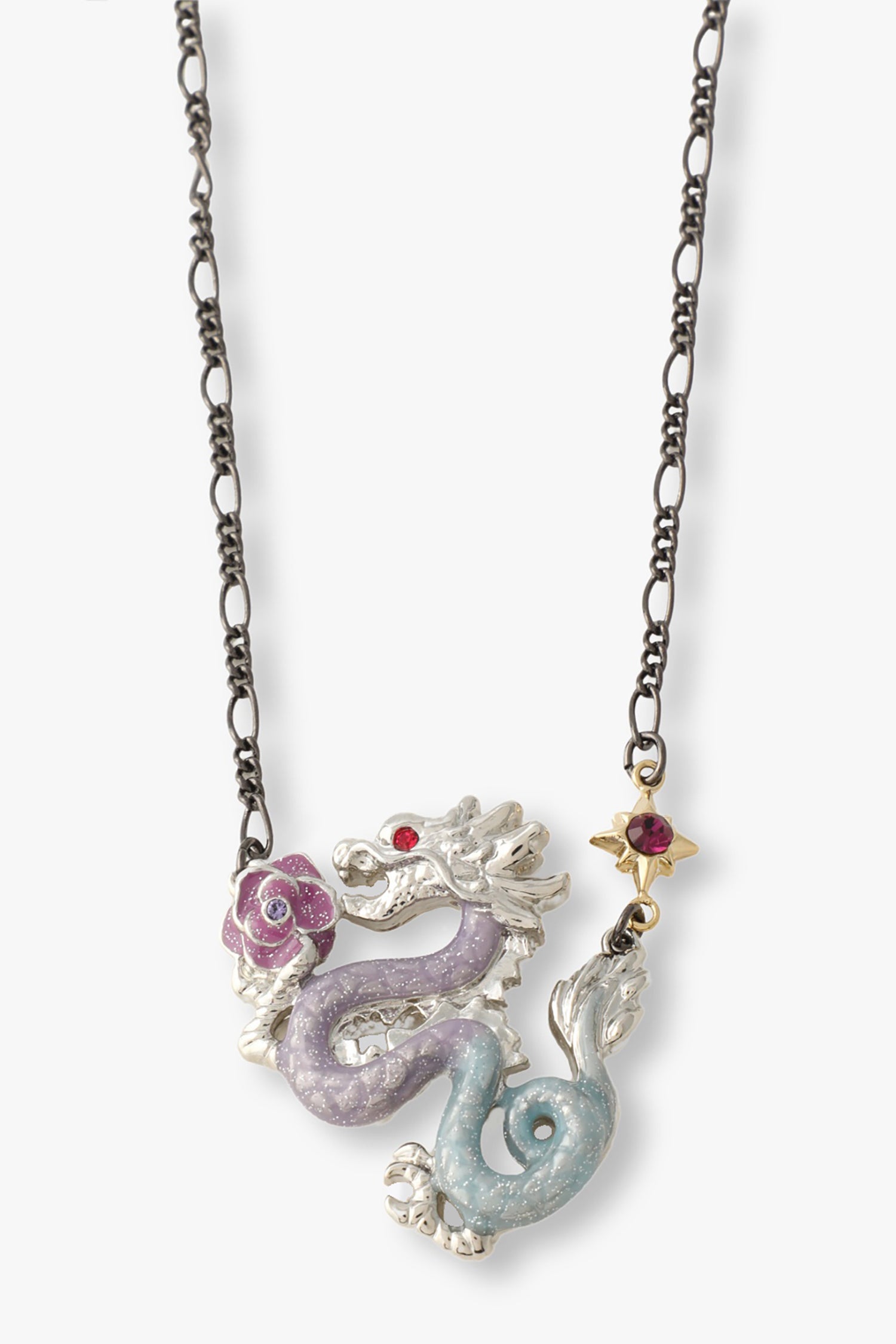 Dragon Zodiac pendant, symbolic scales, tail flutters like flames, ruby eyes, with a star a rose