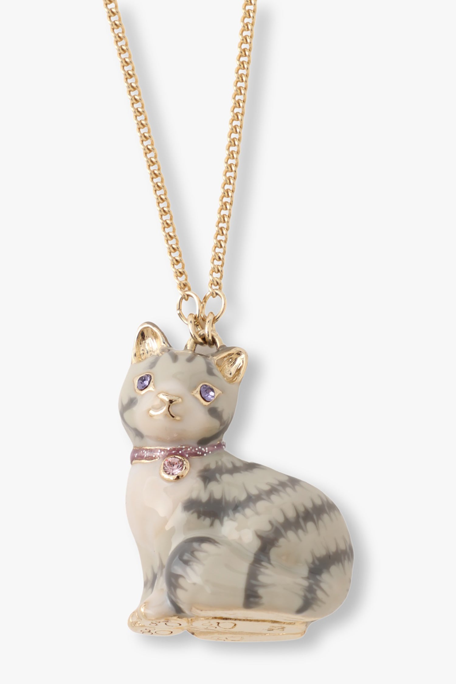 Cat Necklace featuring jeweled purple eyes, with golden details, purple necklace on sitting cat