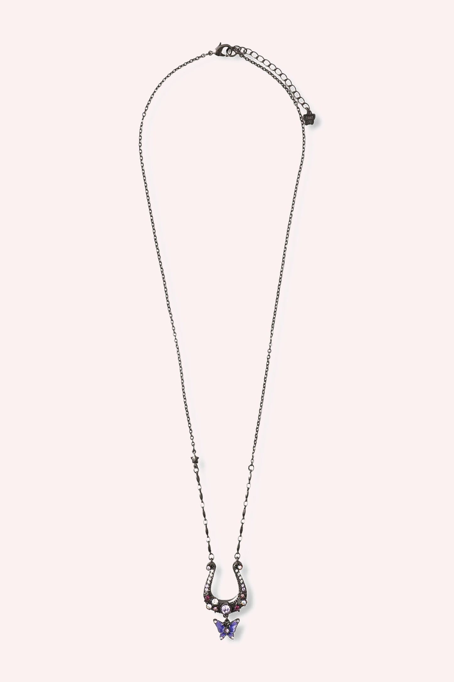 Gunmetal Necklace horseshoe with a butterfly underneath, chain Adorned with Star Charms 