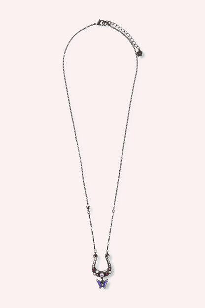 Gunmetal Necklace horseshoe with a butterfly underneath, chain Adorned with Star Charms 