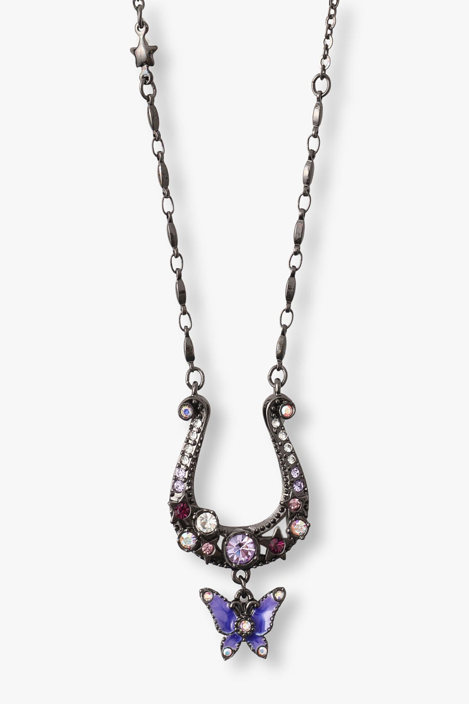 Gunmetal horseshoe with Gems and glass, and a purple butterfly pendant