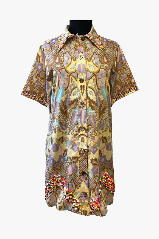 Batik Sateen Beaded Shirt Dress