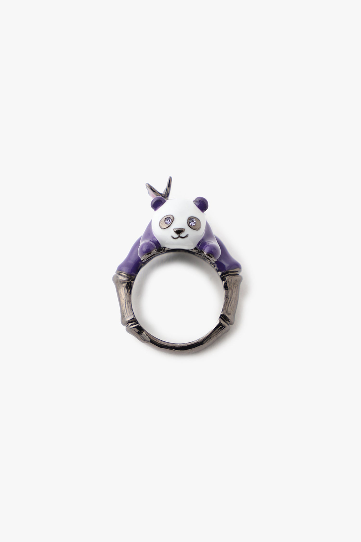 Panda on gunmetal Ring, white on head and body, purple arms legs and ears, embellished eyes gems
