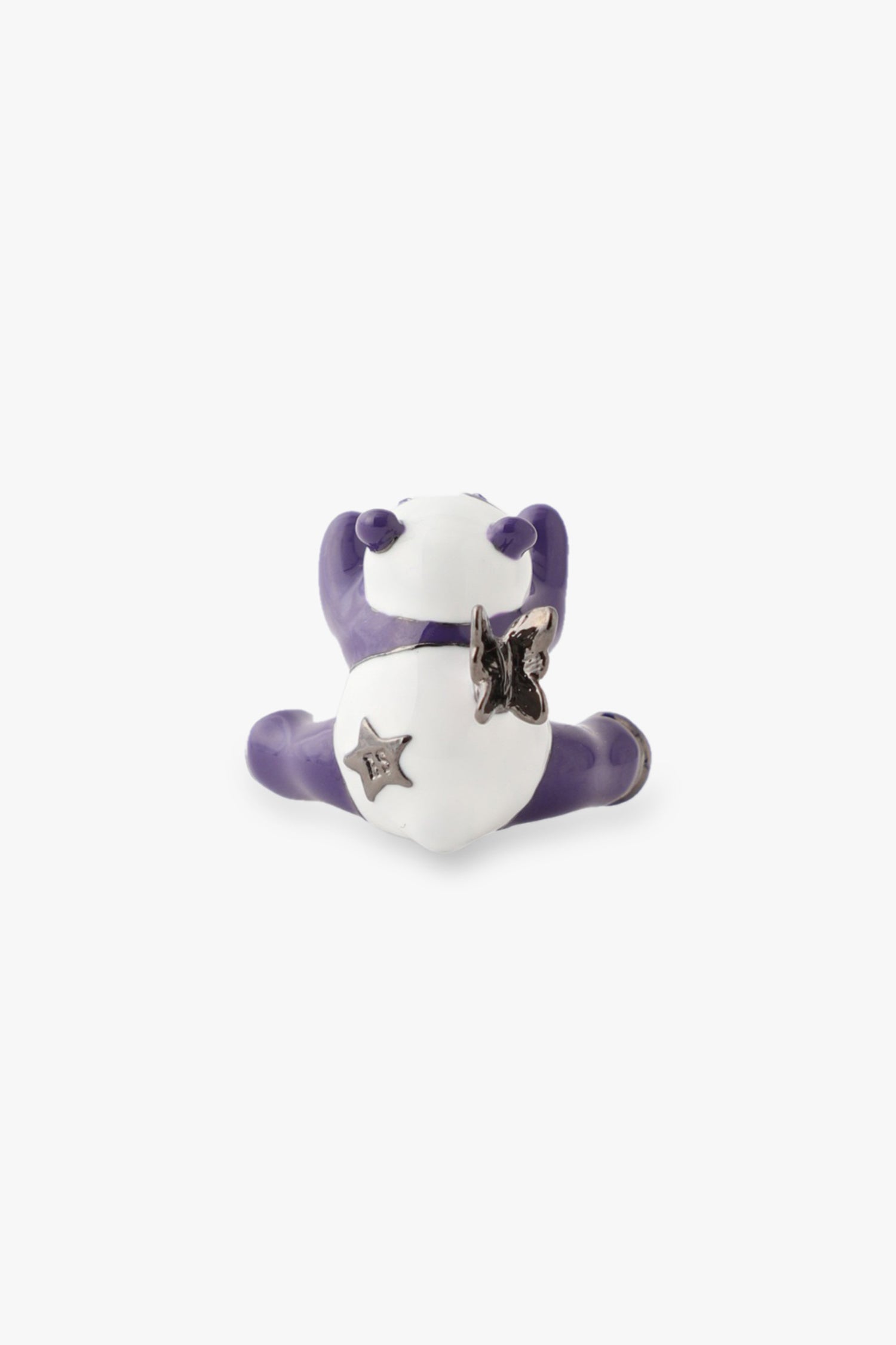 White/purple panda, on Gunmetal Ring a butterfly on its back, and a silver star with AS label