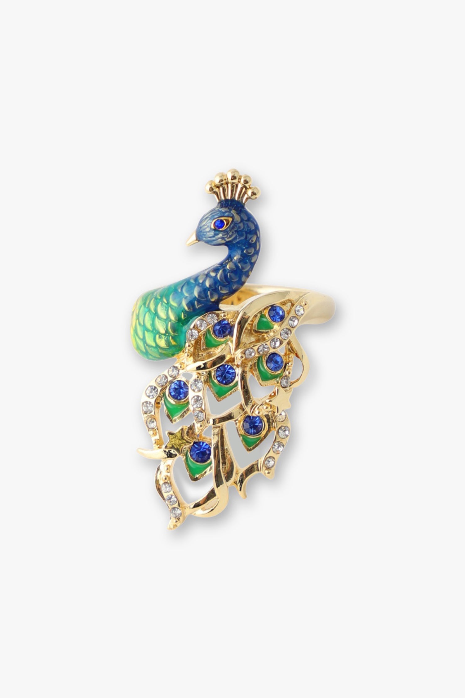 Peacock Ring, Blue and green peacock with enamel and crystal embellished feathers, hollow wings