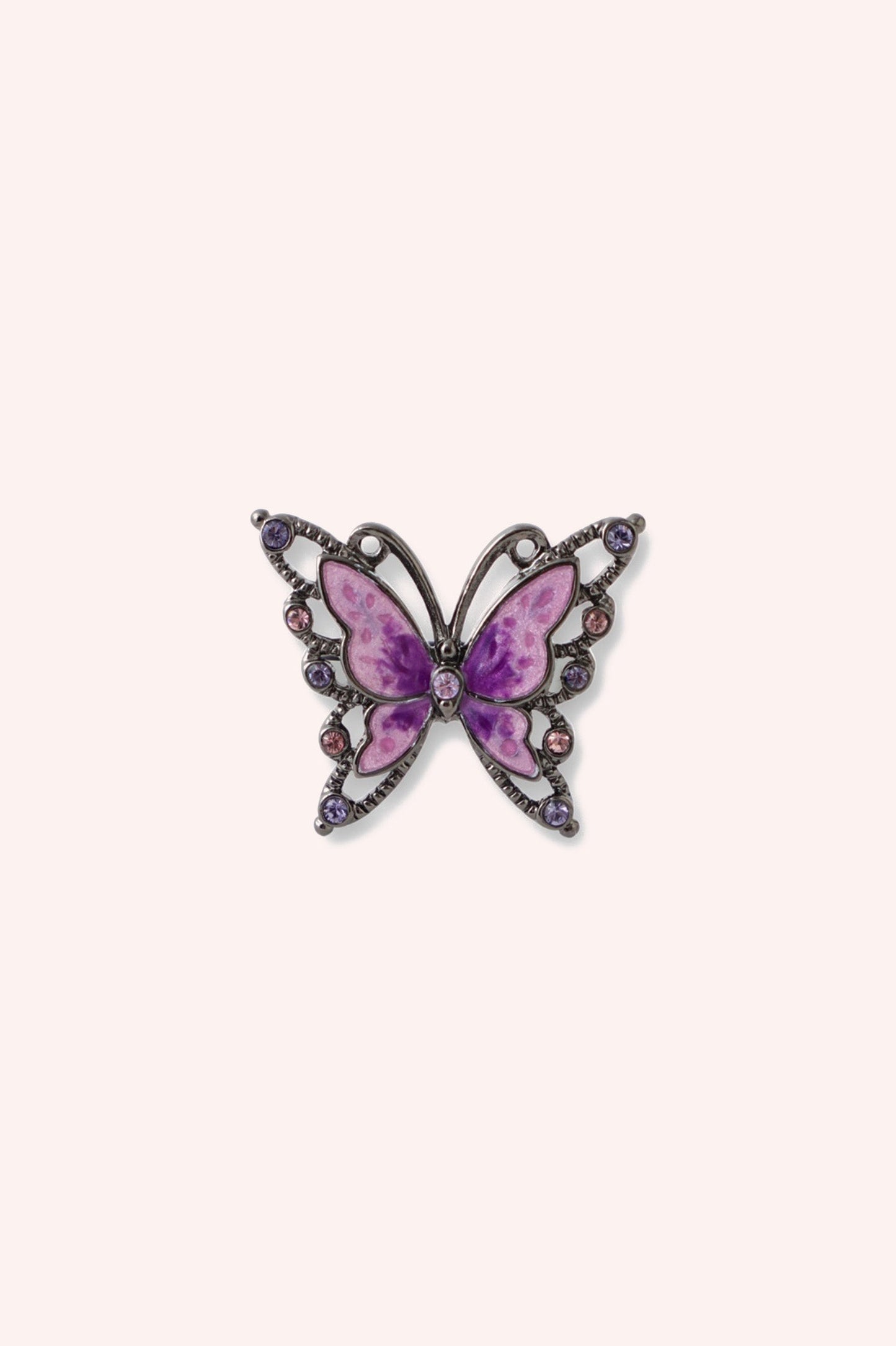 Butterfly Ring, 2 butterflies one on top of the other, a full purple and a hollow in gunmetal/gemstones