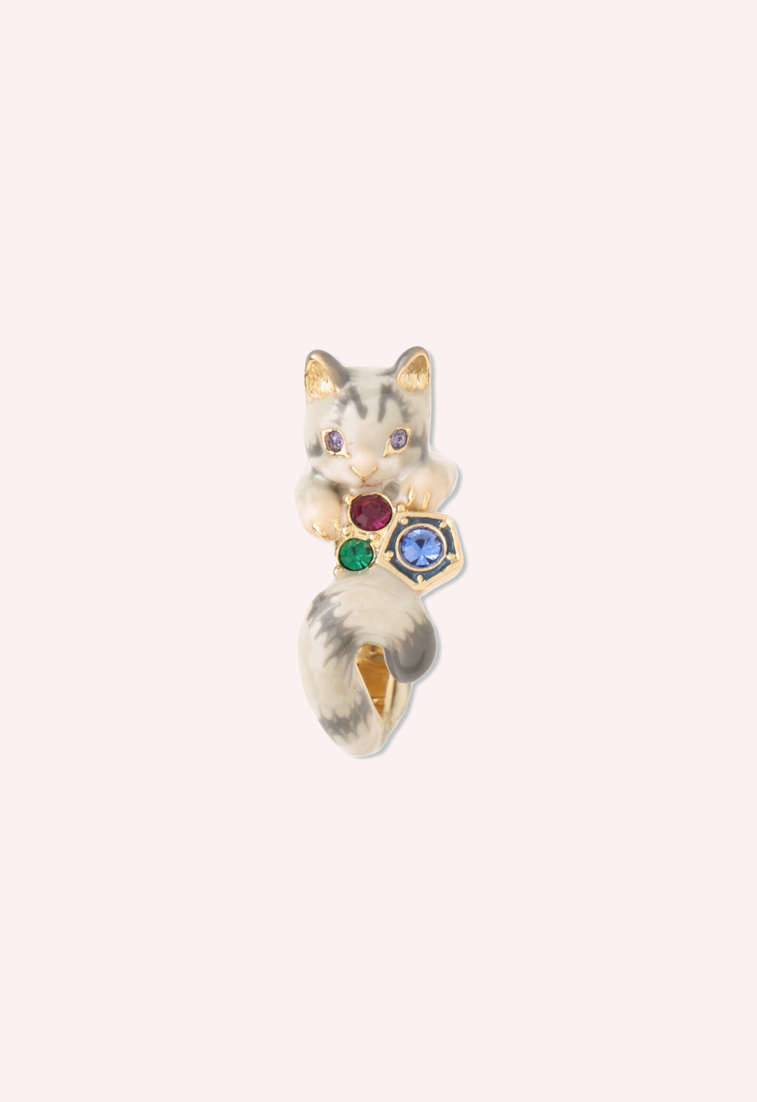 Curled & Cozy Cat Ring Grey Multi, Striped Grey cat with blue/red/green gems