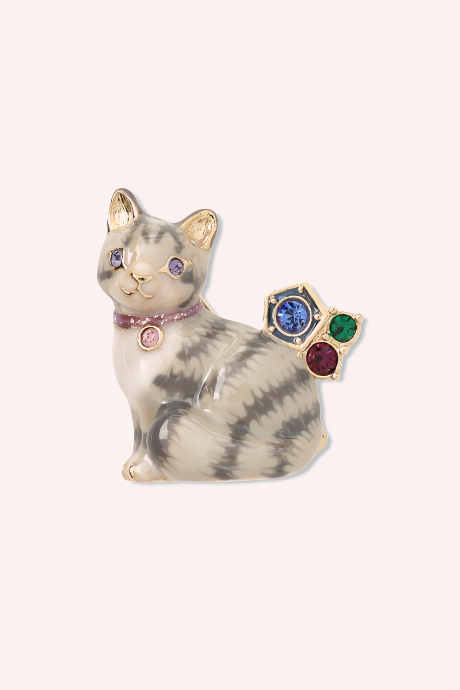 Striped Cat Brooch Grey cat brooch embellished with multi-colored blue/red/green gems