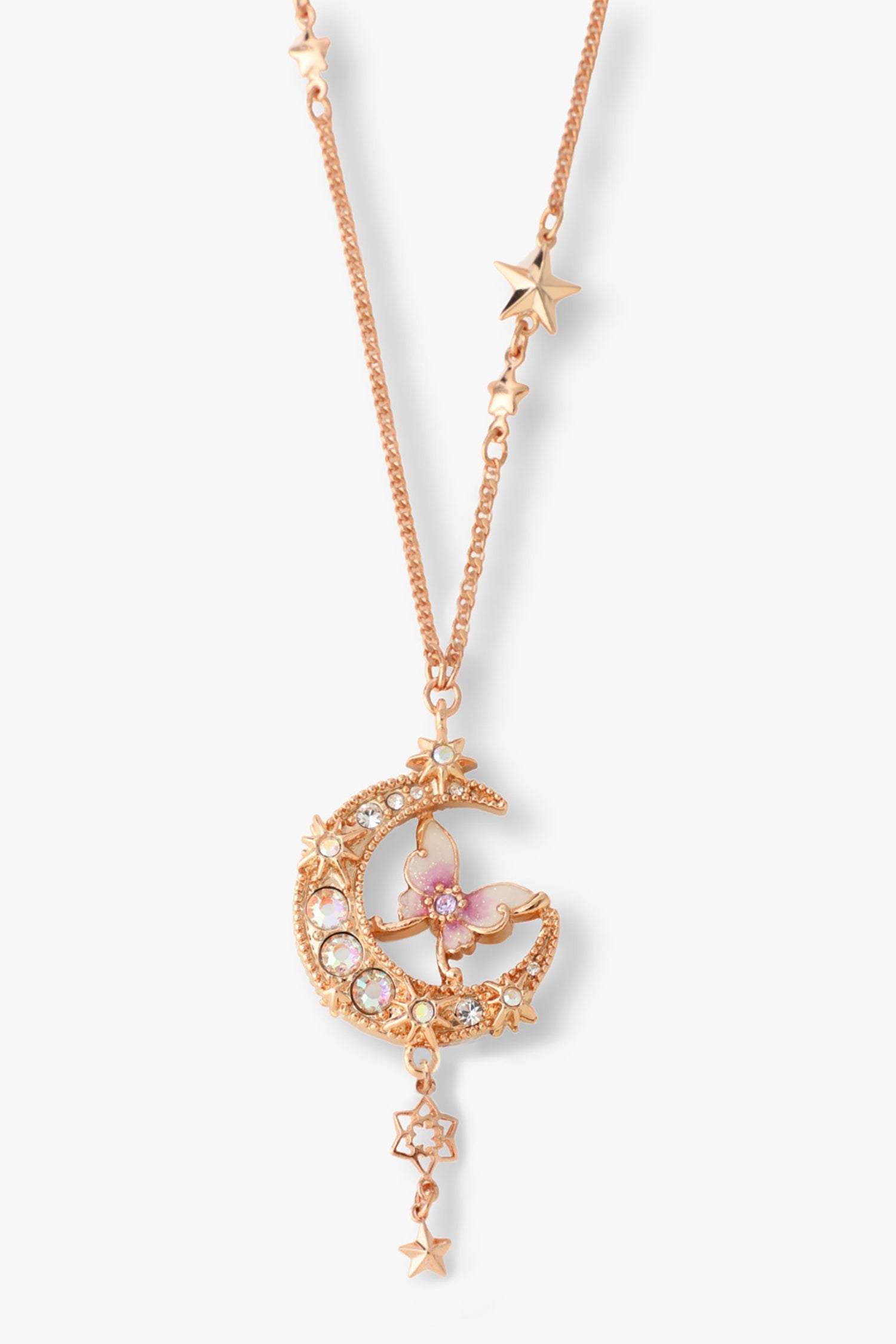 Moon and Butterfly pendant side gems, Star Charms/Whimsically with Gems, rose gold chain 