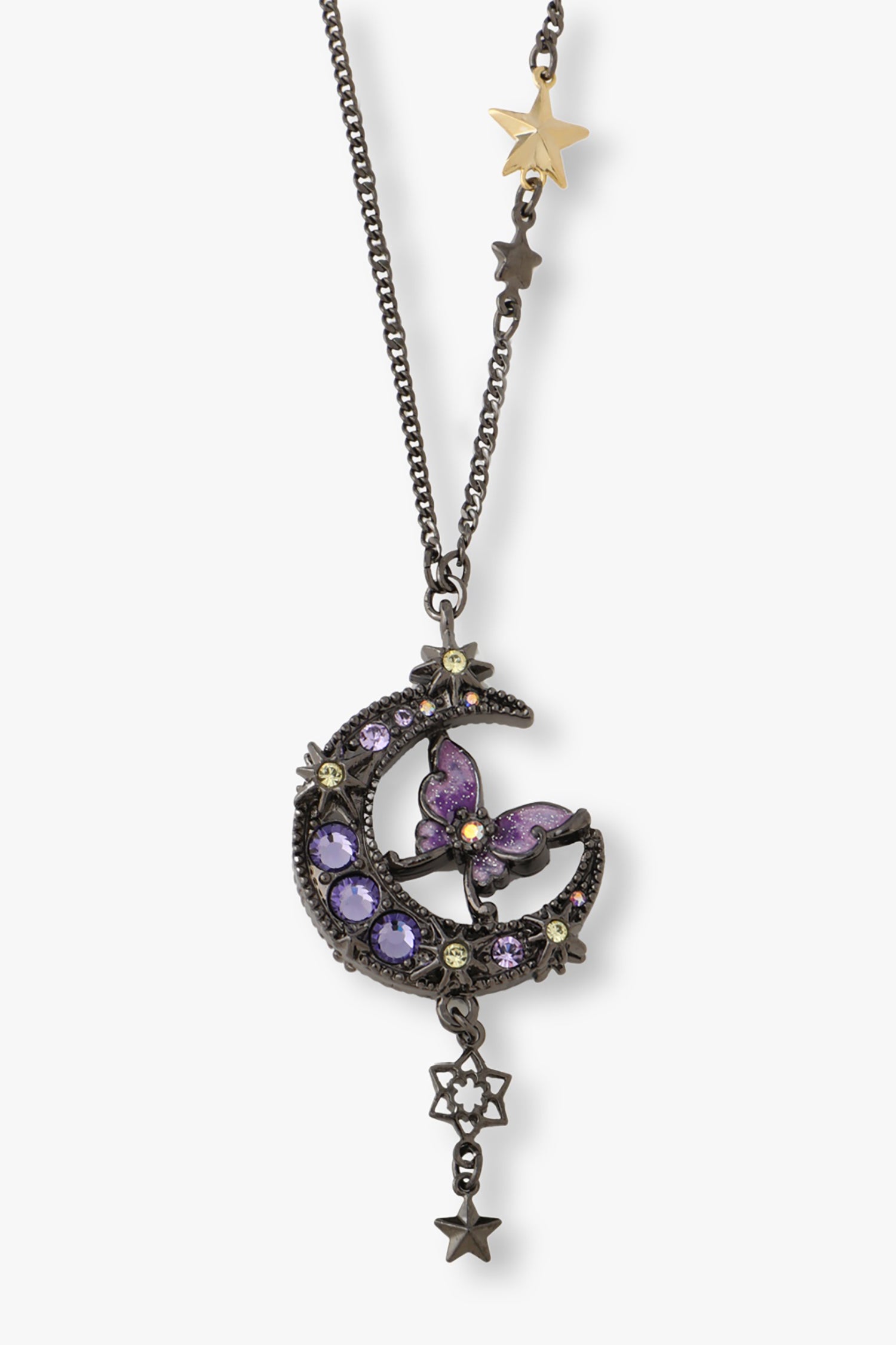 Moon and Butterfly pendant side Purple, Star Charms/Whimsically with Gems, gunmetal chain  