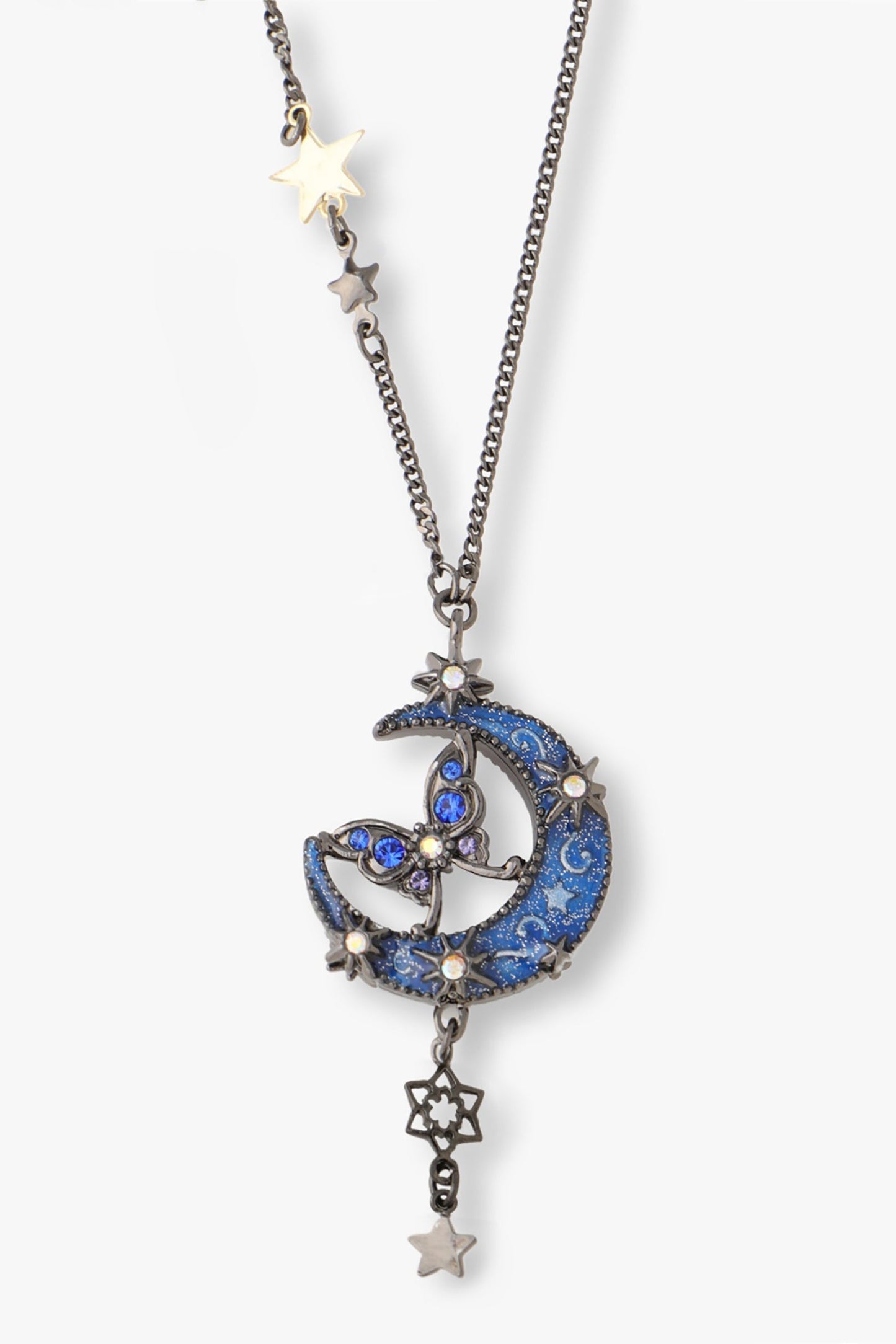Moon and Butterfly pendant side blue, Star Charms/Whimsically with Gems, gunmetal chain 