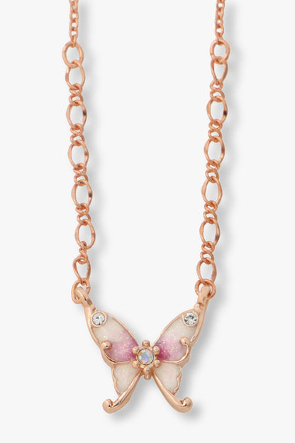 Butterfly/Moon Necklace Rose Gold Set with glitter pink butterfly, large links closed to the butterfly