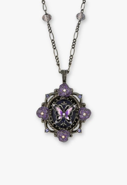 Butterfly Garden Locket Necklace - Gunmetal